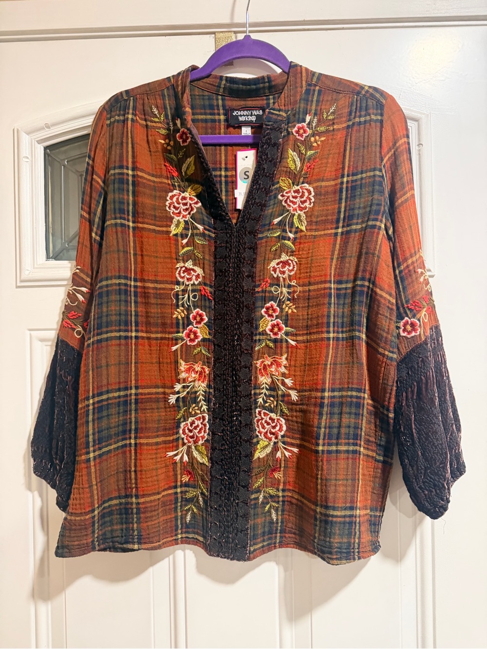 Johnny Was Rust Plaid Embroidered Split V-Neck Tunic